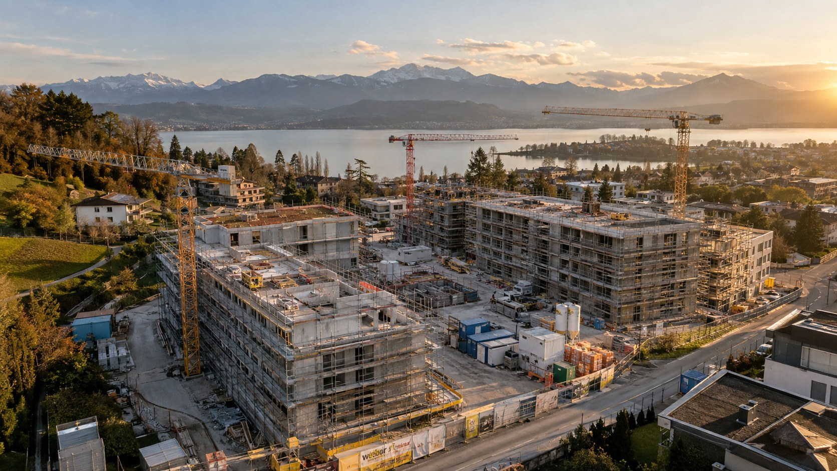 Luftaufnahme Baustelle mit Kränen — Baudokumentation Drohne Ostschweiz