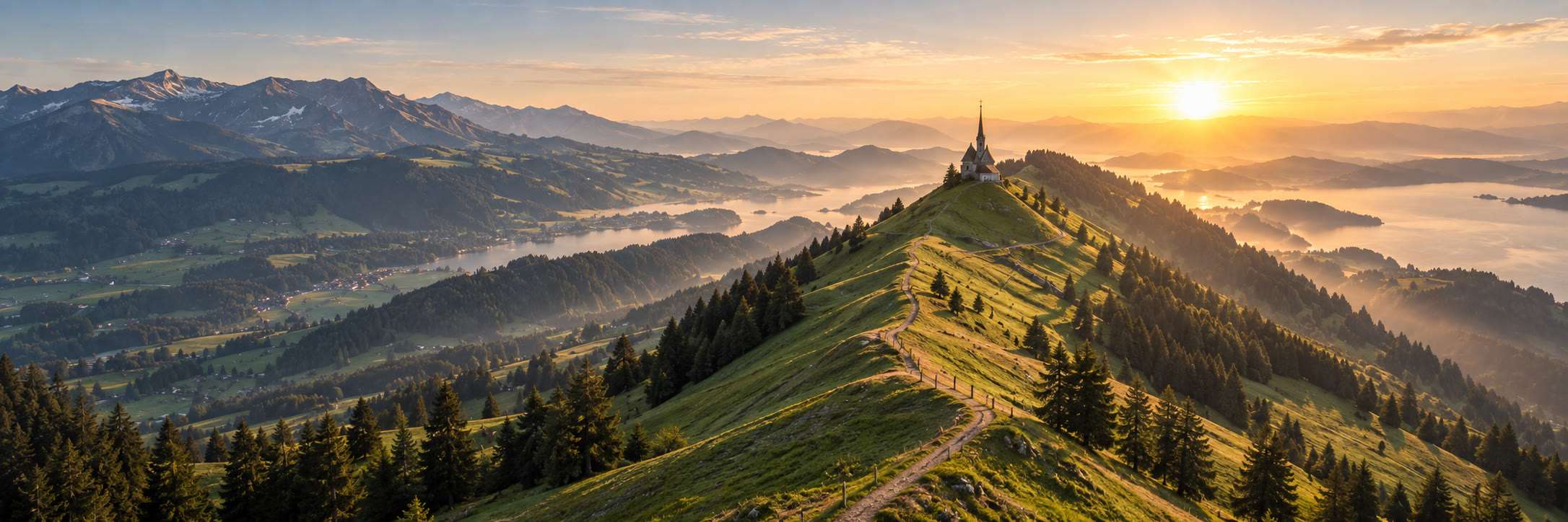 Luftaufnahme Ostschweizer Berglandschaft mit Bergstation im Abendlicht