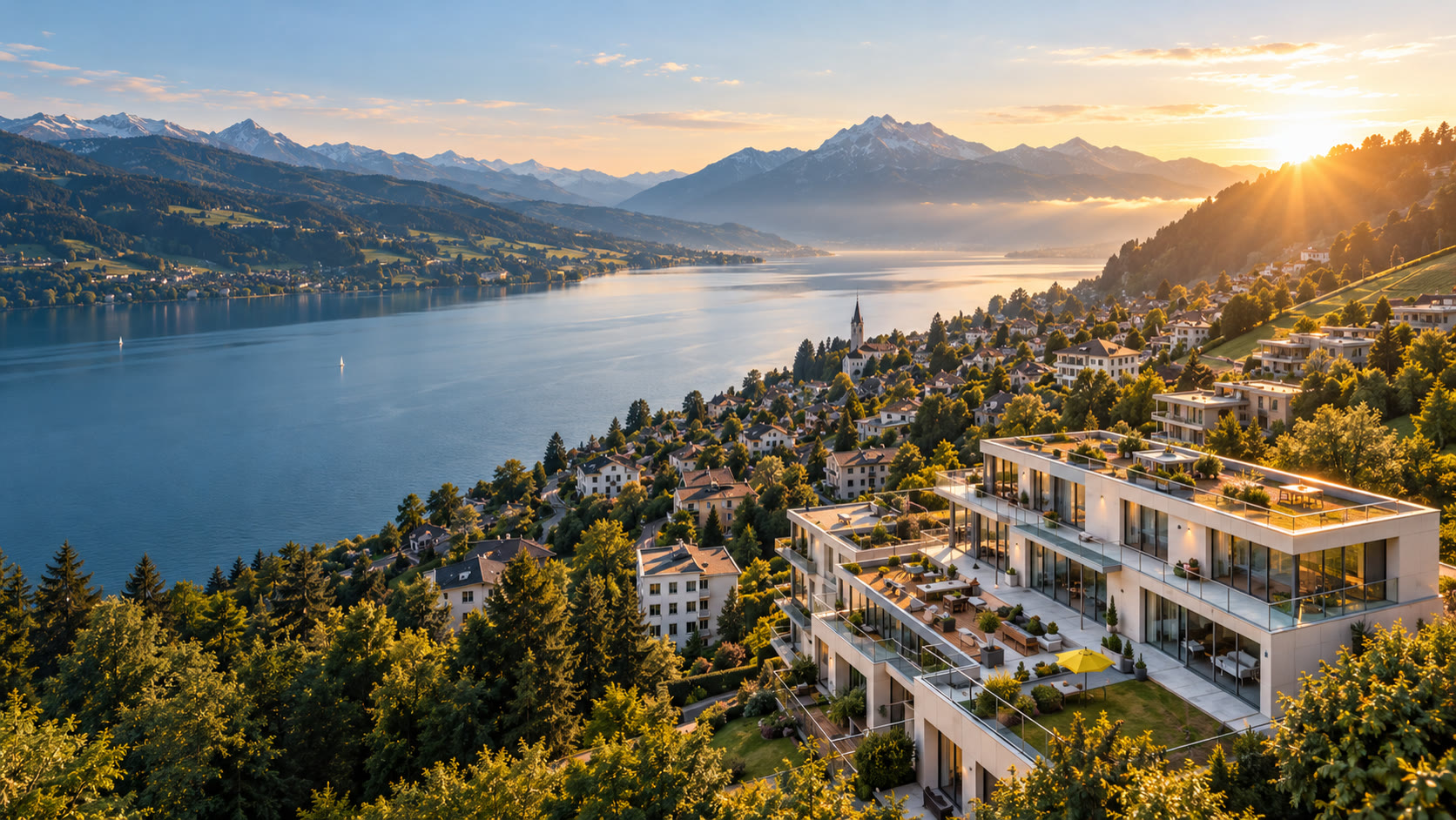 Luftaufnahme von Wohnbauten am See bei Sonnenuntergang — Drohnenfotografie St. Gallen und Ostschweiz